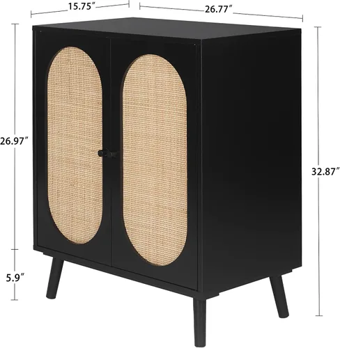 Vista 2 de Aparador de buffet, armario de almacenamiento de cocina con puertas decoradas de ratán, mesa de consola de 4 puertas, armarios de buffet