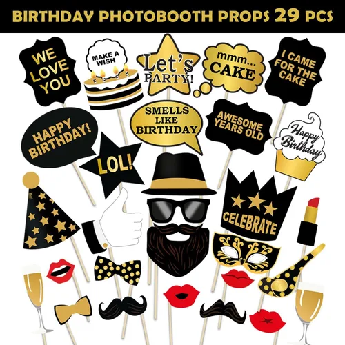 Vista 2 de Juego de 29 piezas de accesorios para cabina de fotos de cumpleaños con divertida corona, sombreros, barba y cara feliz, bigote para niños, cabina