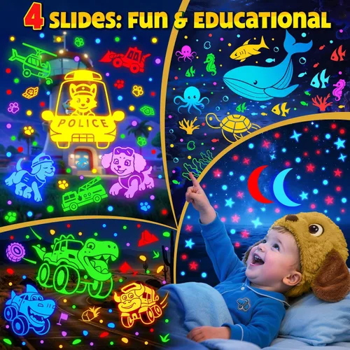Vista 4 de Proyector para cachorros de juguetes para niños, 30 sonidos relajantes+máquina de sonido de 4 diapositivas, proyector de luz nocturna para bebé, 93