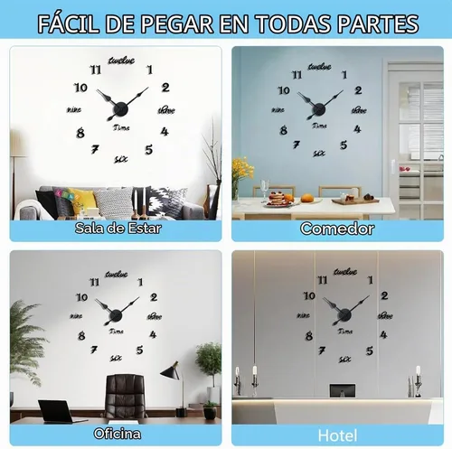 Vista 3 de Moderno reloj de pared grande sin marco, funciona con pilas, espejo 3D, relojes de pared decorativos para decoración de sala de estar (negro)