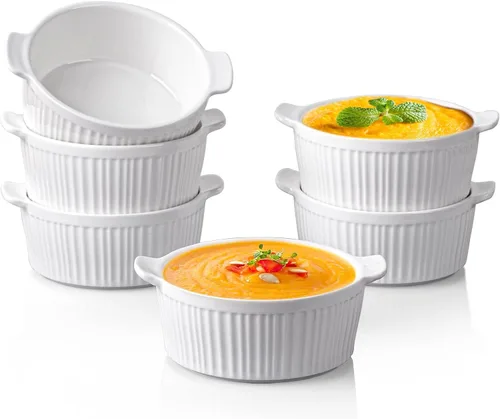 Vista 8 de Delling Ramequines con asa, paquete de 6 cuencos de sopa para sopa de cebolla francesa, pastel de olla, pasteles de lava, crema brulee, plato