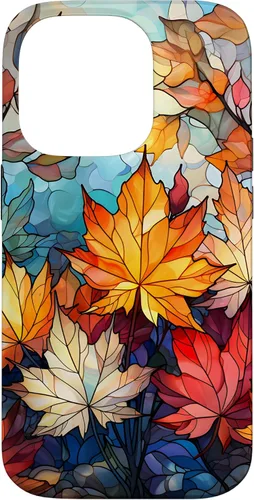 Vista 16 de iPhone 15 Otoño hojas de arce vitrales estilo abstracto caso