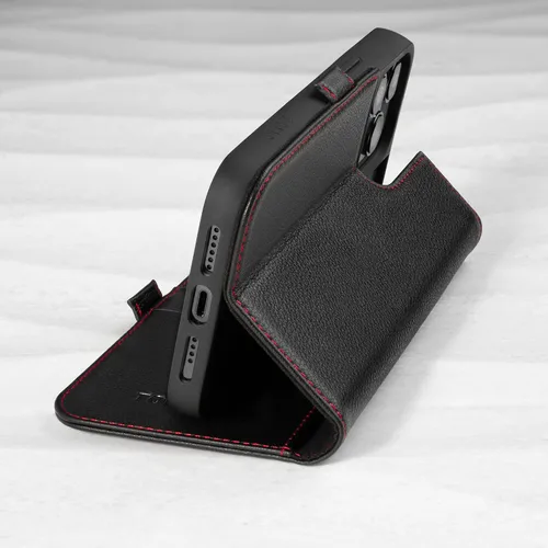 Vista 3 de TORRO Funda de cuero compatible con iPhone 14 Pro - Funda de piel auténtica tipo cartera con tarjetero y función atril (negro)