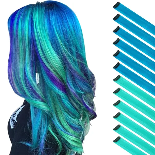 Vista 16 de FESHFEN Juego de 12 extensiones de cabello con clip, color negro, con clip, con purpurina, kit de accesorios coloridos para mujeres, de 20 pulgadas