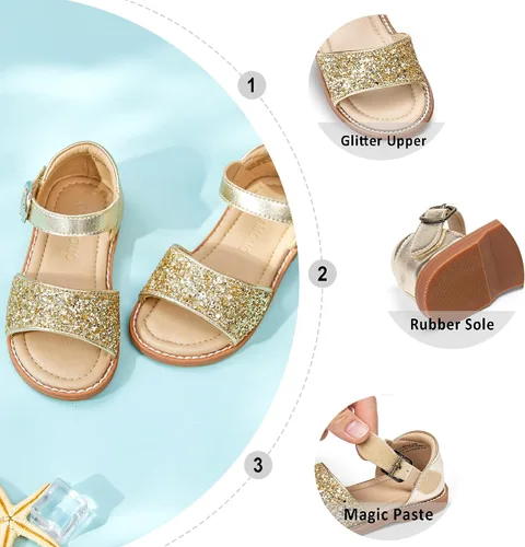 Vista 5 de Sandalias de verano para niñas con puntera abierta, sandalias planas de princesa con suela cómoda D742 Oro