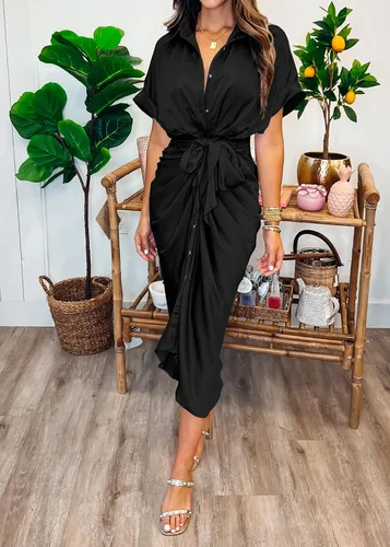 Vista 2 de BTFBM Vestido camisero fruncido con botones para mujer, manga corta, con solapa, cuello en V, elegante, para fiesta, primavera, verano, maxivestido