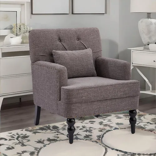 Vista 5 de HUIMO Silla Club Capitoné con Cojín Lumbar, Sillón Tapizado con Botones, Silla de Lectura Decorativa, Sillas de Sofá de Tela de Lino para Gris