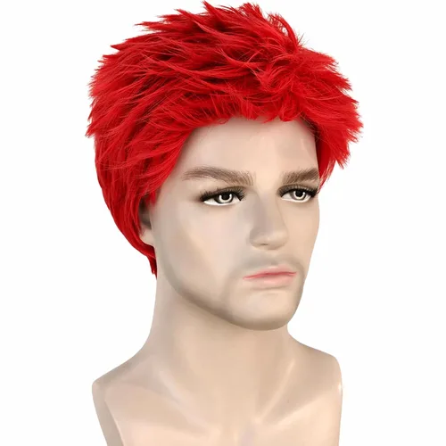 Vista 3 de Peluca roja para hombre, corta, recta, roja, en capas, resistente al calor, reemplazo de pelo sintético Rojo