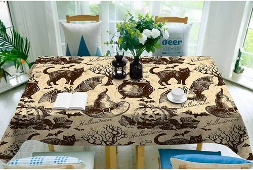 Vista 3 de Moslion Mantel con patrón de Halloween, estilo retro, vintage, animal, gato, calabaza, búho, murciélago, bruja, árbol, mantel de temporada