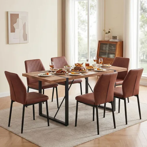 Vista 43 de Juego de mesa de comedor para 4, mesa de comedor rectangular irregular de madera moderna, sillas de comedor de cuero, 4 mesas y sillas, juego de 4
