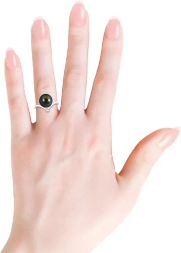 Vista 3 de Angara Anillo solitario de perlas cultivadas de Tahití natural para mujeres, niñas en plata de ley, oro macizo de 14 quilates, regalo de joyería
