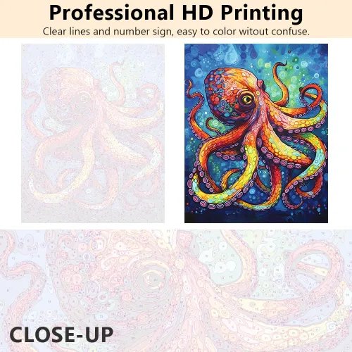 Vista 3 de TISHIRON Pintura de bricolaje por números, pulpo colorido, pintura por números para adultos, pintura abstracta para adultos por números, arte
