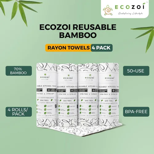Vista 2 de Ecozoi Toallas reutilizables de rayón de bambú, paquete de 4, equivalentes a 80 rollos regulares, 70% rayón de bambú y 30% algodón, 50 veces más uso