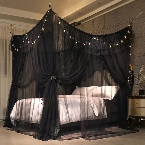 Vista 6 de VETHIN Cortina de Dosel de Cama de Princesa con Volantes de 4 Postes de Esquina - Red de Tul de Doble Capa Acogedora con 4 Aberturas, Mosquitera