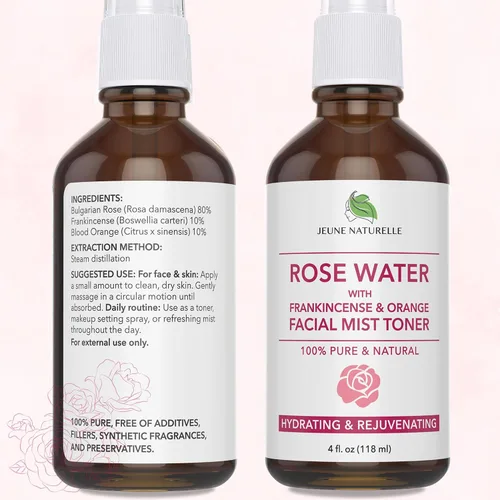Vista 5 de Spray de agua de rosas para la cara, agua de rosas 100 % pura con incienso y naranja sanguina, tónico facial, sin alcohol, sin tinte, niebla