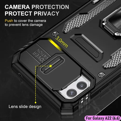 Vista 4 de Funda resistente para Samsung Galaxy A22 (5G), protector híbrido de goma de doble capa de grado militar con protector de cámara deslizante, soporte