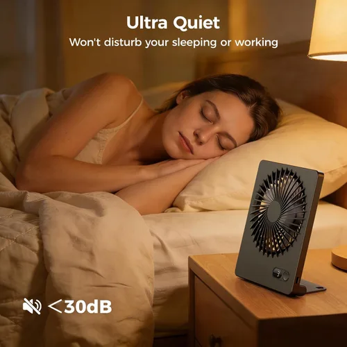 Vista 5 de Zuvas Ventilador de escritorio con pilas, recargable de inclinación de 180°, ventilador personal plegable ultra silencioso, pequeño, portátil, de 3