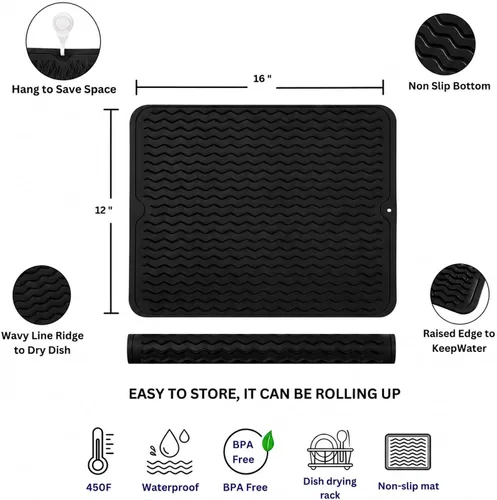 Vista 2 de Tapete de secado de silicona de 16 x 12 pulgadas, tapete antideslizante negro para fregadero para encimera de cocina, almohadilla de platos