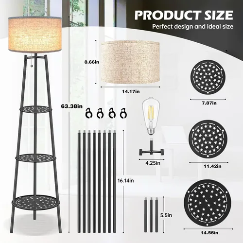 Vista 7 de ZQQLITE 2 lámparas de pie negras con estantes para sala de estar, lámpara de pie, lámpara alta, Amparas elegantes para sala con pantalla de lino
