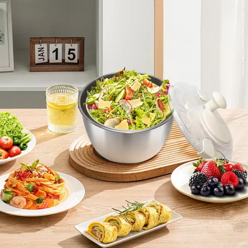 Vista 6 de Escurridor de ensalada de acero inoxidable, secadora manual de lechuga con tapa, lavabo, marco de drenaje y base antideslizante, centrifugador