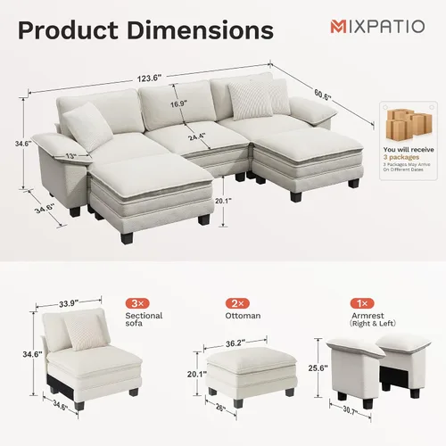 Vista 2 de Sofá seccional en forma de U de 123 pulgadas con cojines tipo nube, juego de sofá modular de asiento profundo con 5 asientos y 2 otomanos, brazos