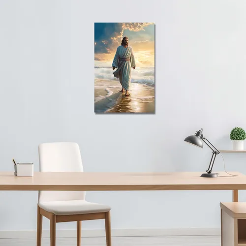Vista 5 de LZIMU Lienzo decorativo para pared, diseño de Jesús caminando en la playa, póster de Dios, obra de arte católica para habitación espiritual
