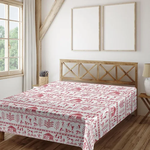 Vista 2 de Ambesonne Red and White Flat Sheet, Native Prehistoric Art with Tribal People and Animals Cave Drawing Style Prints, Soft and Comfortable Top Sheet