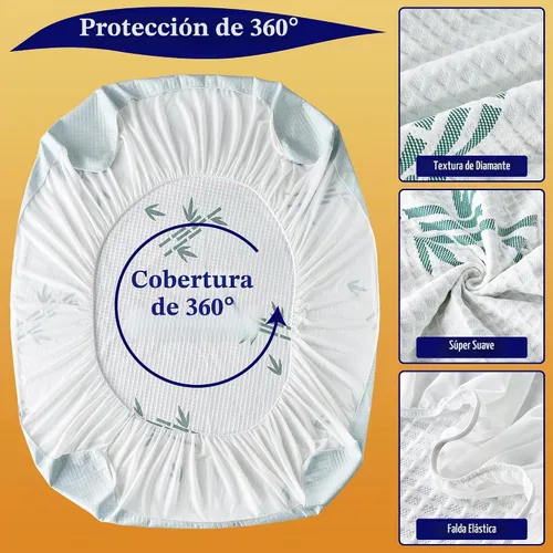Vista 6 de Protector de colchón de tamaño matrimonial, funda de colchón impermeable de viscosa de bambú transpirable, estilo de rayas refrescantes, bolsillo