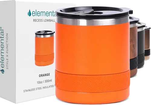 Vista 24 de Elemental Recess Vaso bajo de 10 oz, taza de acero inoxidable de triple pared con tapa de Tritan no fracturable, vaso de whisky aislado, taza