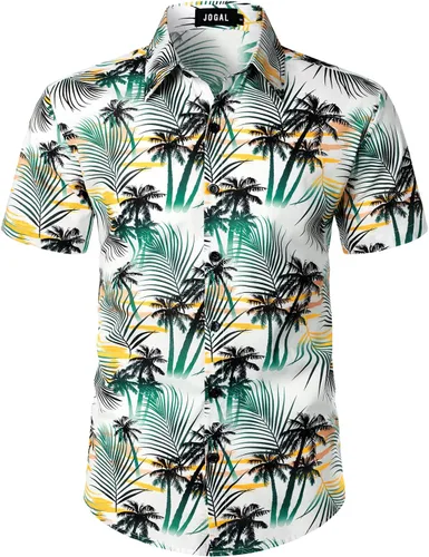 Vista 8 de JOGAL - Camisa hawaiana de Aloha para hombre, manga corta, diseño de flores Negro Blanco Línea