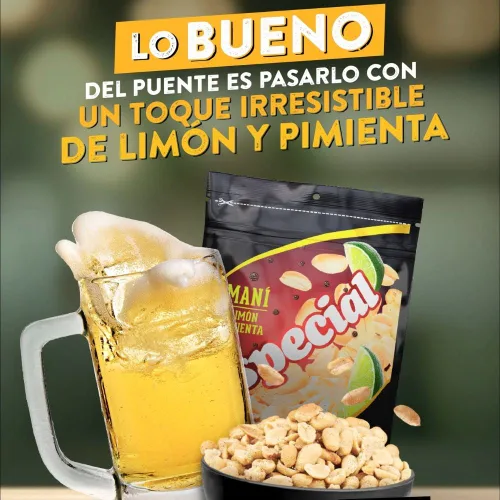 Vista 6 de Macetas tostadas (paquete de 3) Mani La especial Planters de Pimienta Limón Mani la especial Colombia Snack colombiano Mecato Colombiano