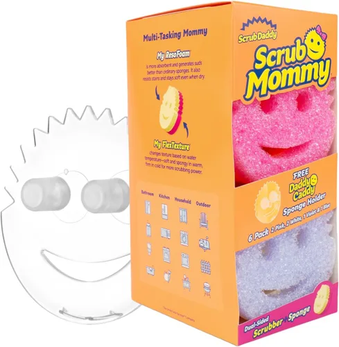 Vista 10 de Scrub Daddy 6 esponjas de cocina y 1 soporte de esponja para platos de Daddy Caddy - Sin BPA y fabricado con espuma de polímero, resistente a