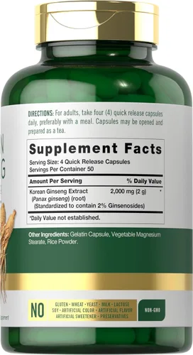 Vista 2 de Carlyle Cápsulas de ginseng coreano 2000 mg 200 unidades Suplemento de extracto de Panax estandarizado Fórmula sin OMG y sin gluten
