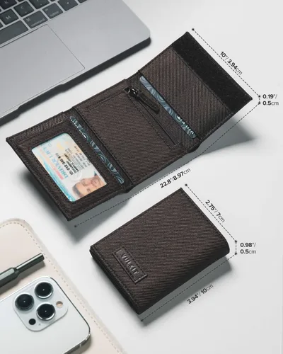 Vista 22 de VULKIT Cartera de cuero minimalista con bloqueo Rfid triple billetera delgada para tarjetas de crédito con 3 ventanas de identificación y bolsillo