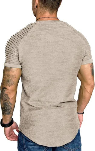 Vista 4 de COOFANDY - Camiseta muscular para hombre, camiseta de manga raglán plisada para culturismo, camisetas a la moda de manga corta para entrenar