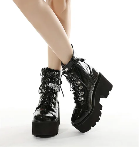 Vista 6 de rui yue Botas de plataforma para mujer, punta redonda, botas de tobillo gruesas, botas punk, con cordones y cremallera, botas de combate