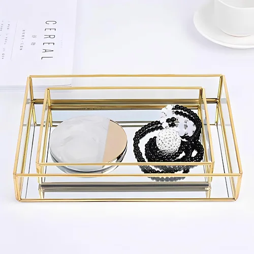 Vista 5 de Sooyee - Bandeja dorada con espejo cuadrado, bandeja de espejo que puede contener joyas, perfumes, maquillaje, desayuno, té, comida, revistas y más