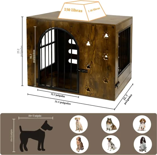 Vista 3 de Mueble de jaula para perros pequeños y medianos, perrera de metal de madera resistente para interiores con cuencos, jaula decorativa para mascotas
