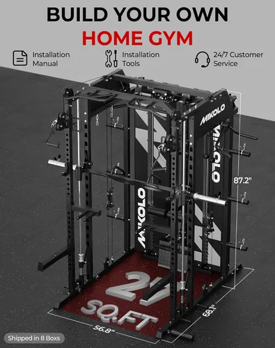Vista 8 de Mikolo - Máquina Smith con pila de pesas, sistema de gimnasio en casa tipo jaula de potencia con tracción LAT y cruce de cable, entrenador