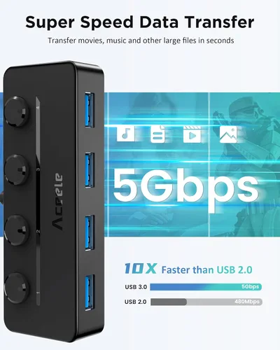 Vista 3 de Aceele Hub USB C, USB C a 4 puertos USB 3.0 Hub con puerto de alimentación tipo C e interruptores individuales de encendido/apagado, divisor USB C