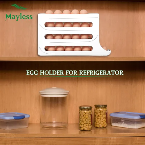 Vista 5 de Soporte para huevos con ruedas automáticas para refrigerador, estante organizador de refrigerador (blanco)