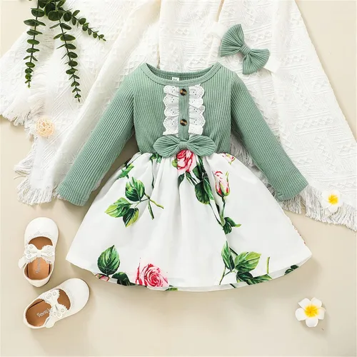 Vista 2 de Baby Girls Floral Dresses Headband Outfits Splice Floral Rib Ruffle Bow Princess Dress Long Sleeve Skirts Set Toddler Kids