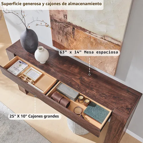 Vista 3 de OKD Moderna mesa consola de entrada, mesa de sofá con cajones, mesa de pasillo de 63 pulgadas de largo detrás del sofá, diseño de madera gruesa