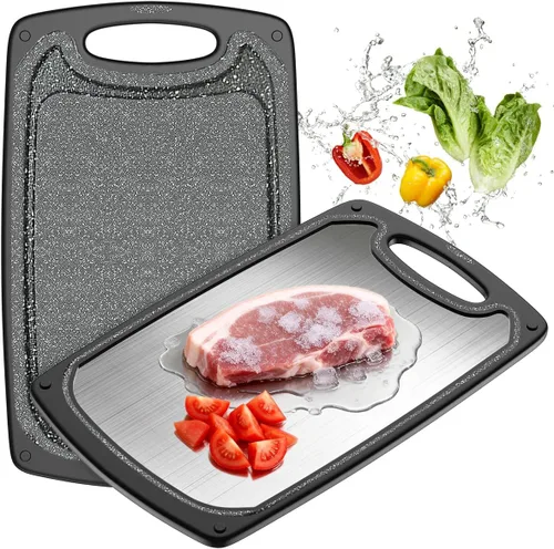 Vista 9 de Tabla de cortar de plástico apta para lavavajillas, 2 tablas de cortar grande para carne con ranuras para jugos, antideslizante, reversible y apta