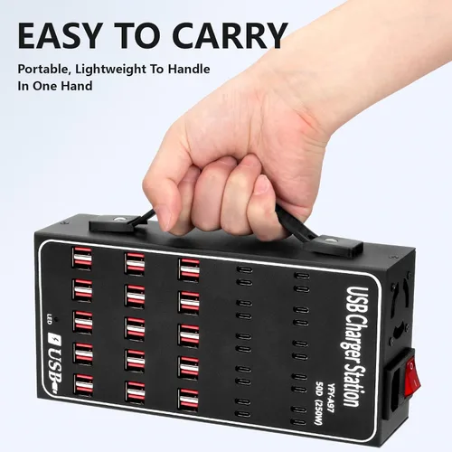 Vista 5 de Estación de Carga USB Múltiple, RUANSZZ 50 Puertos 250 Vatios (50A) Bloque Cargador USB-C con Interruptor de Encendido, Estación de Carga