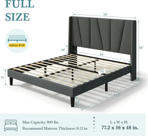 Vista 2 de HOOMIC Base de cama tapizada de tamaño matrimonial con cabecera geométrica moderna con respaldo de ala, listones de madera, no necesita somier, base