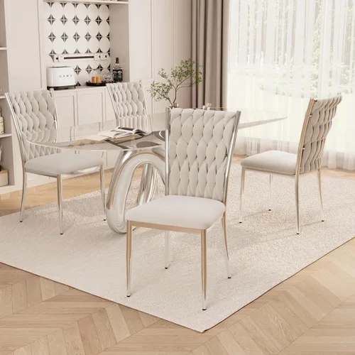 Vista 21 de Juego de 2 sillas de comedor de terciopelo, modernas sillas de cocina tejidas con patas de metal dorado, cojín tapizado con respaldo alto