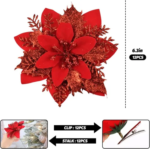 Vista 2 de Vanleonet 12 flores de Pascua artificiales con purpurina, decoraciones de flores de Navidad, adornos de árbol de nochebuena con purpurina