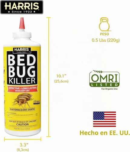 Vista 3 de Polvo de tierra de diatomeas Harris HDE-8 para chinches de cama, 8 onzas, amarillo