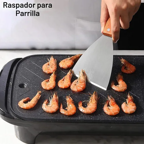 Vista 6 de Rascadores de parrilla de acero inoxidable prémium con borde inclinado, mango de madera para cocinar barbacoas, paquete de 2